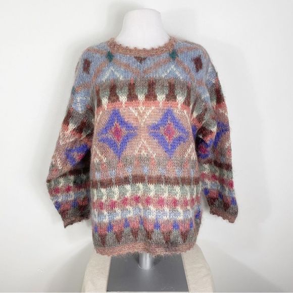 Vintage Icelandic Design Mohair Wool Aztec Tribal Crewneck Sweater Oversized - Picture 1 of 9